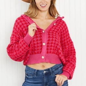 London Life Full Size Tweed Cardigan in Hot Pink